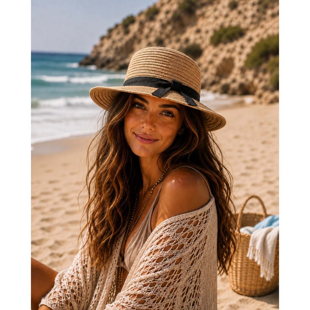 Torrid Straw Sun Hat M/L Tan Black Ribbon Bow Wide Brim